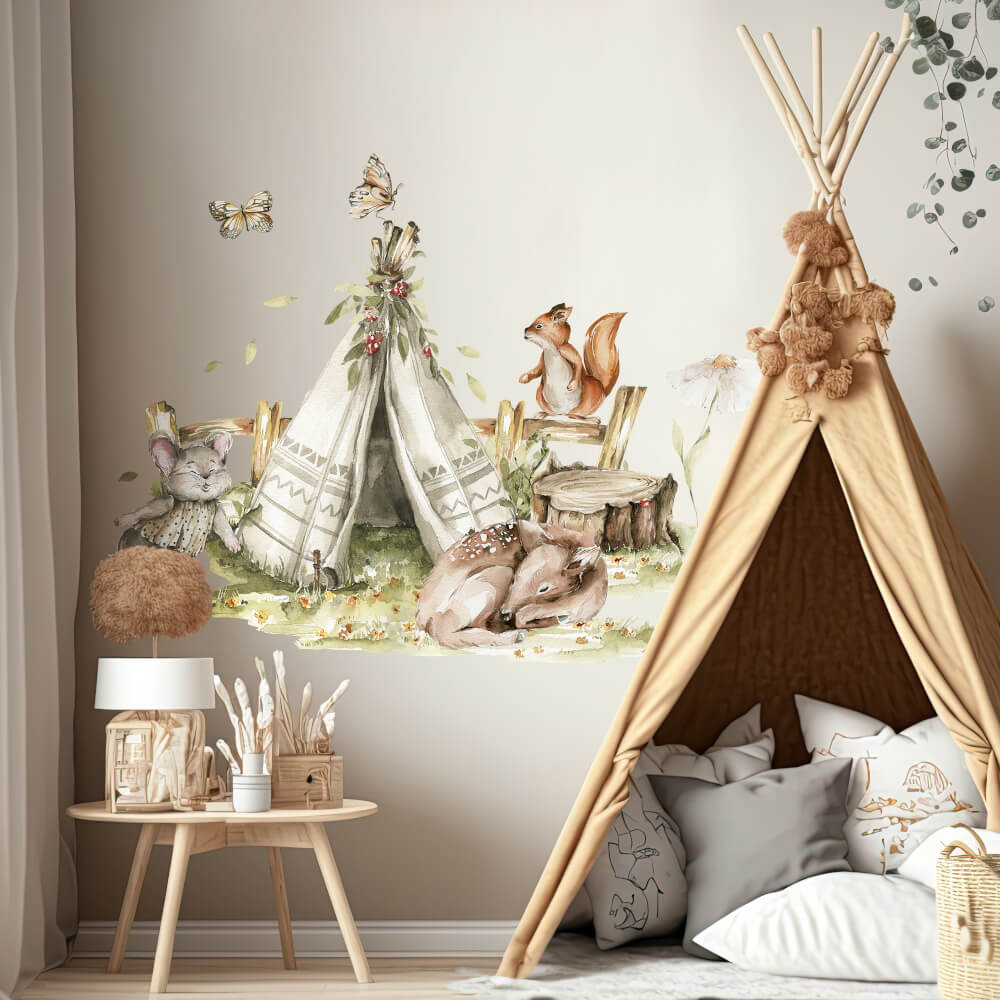 Sienų lipdukas Woodland - Teepee palapinė ir miško gyvūnai